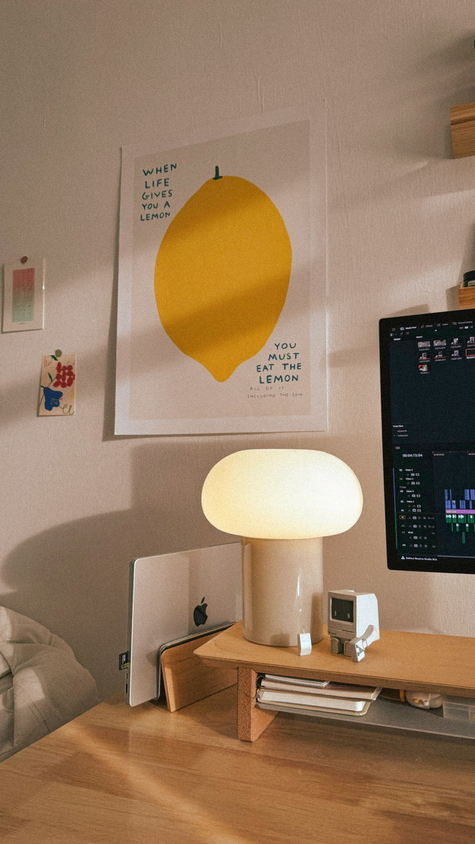 Lemon poster and mushroom lamp above my desk shelf