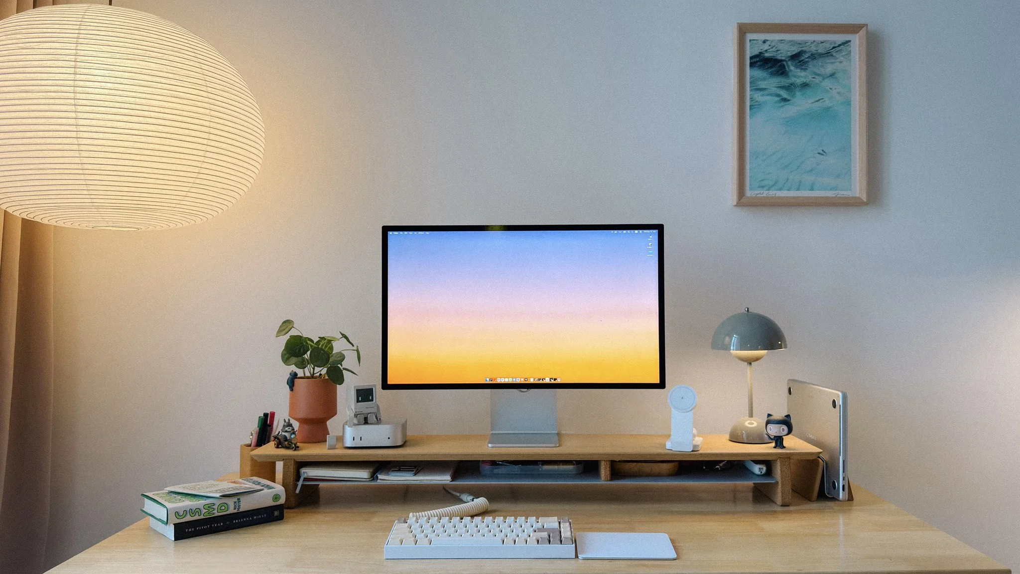 Rachel's desk setup — Studio Display on a wooden desk shelf